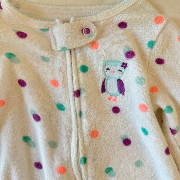 White Polka Dot Footed Fleece Pajamas with Owl - Picture 5 of 7